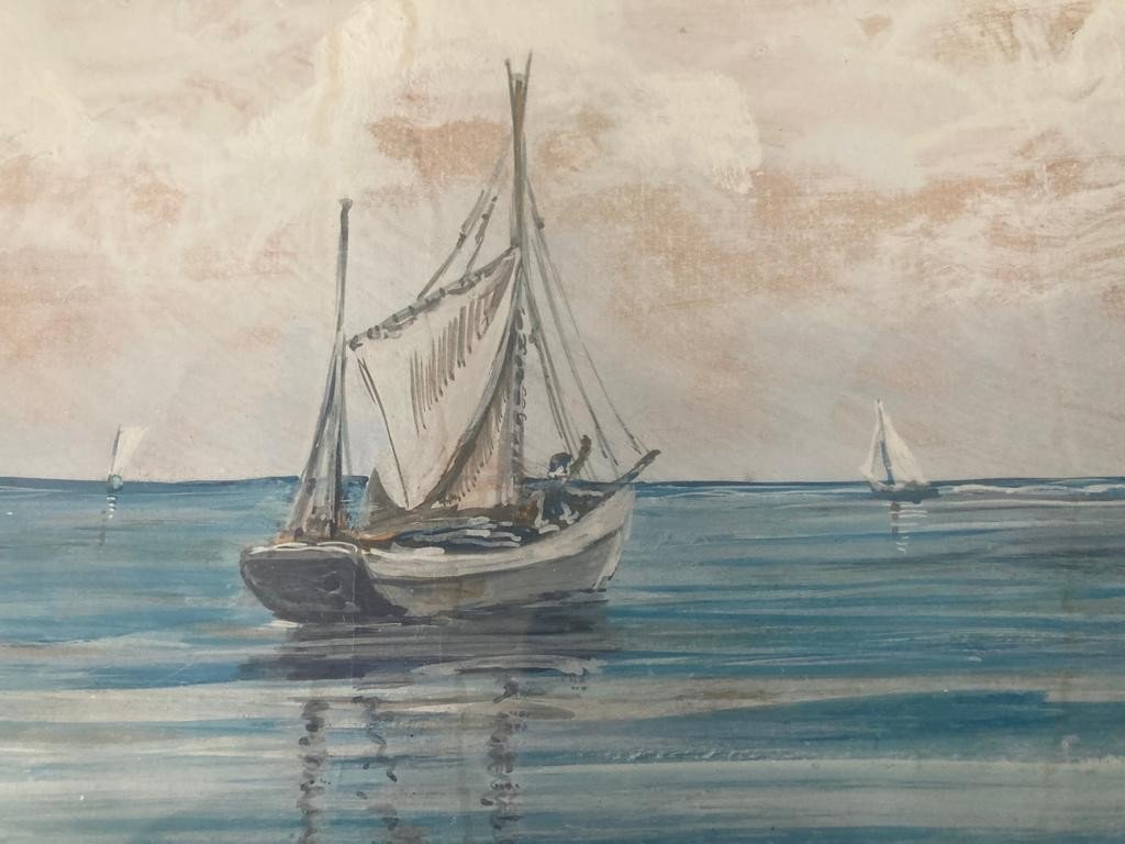 Aquarelle Gouachée Marine Navires Traversée Méditerranée-photo-1