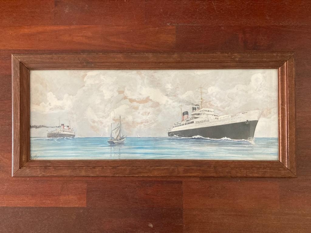 Aquarelle Gouachée Marine Navires Traversée Méditerranée-photo-3