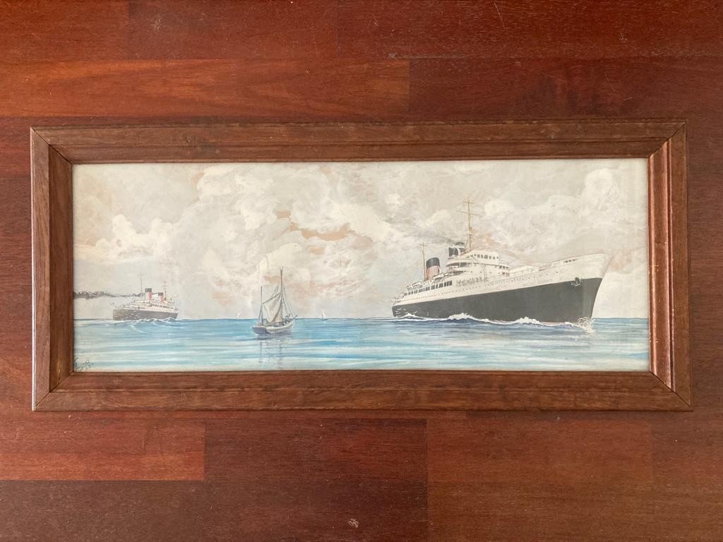 Aquarelle Gouachée Marine Navires Traversée Méditerranée