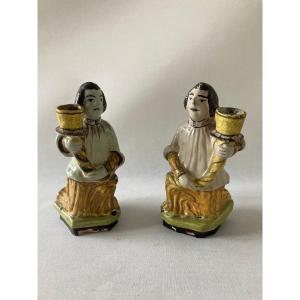 Pair Of Candlesticks In The Shape Of Characters Polychrome Earthenware South Of France
