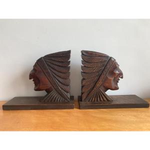 Indian Bookends In Carved Wood