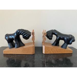 Colette Gueden Pair Of Ceramic Bookends. Design 1950s Ponies