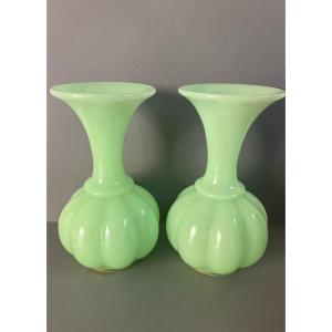 Pair Of Baccarat Green Opaline Vases