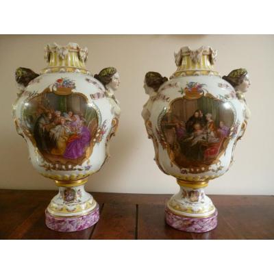 Paire De Grands Vases Balustre En Porcelaine De Dresde Augustus Rex XIX°