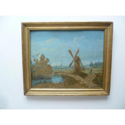 Paysage Des Flandres Aquarelle Et Broderie Epoque XIX° Siecle