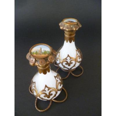 Pair Of Perfume Bottles In Opaline And Brass Dore