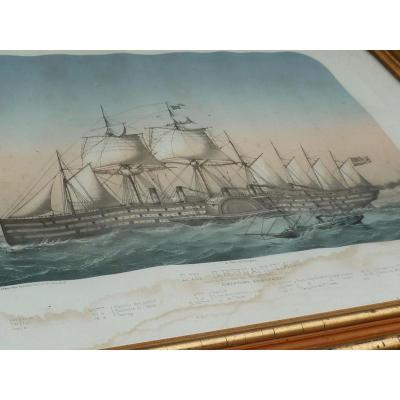 LE LEVIATHAN CONSTRUIT A LONDRES PAR M. BRUNEL FILS LITHOGRAPHIE MI-XIXe