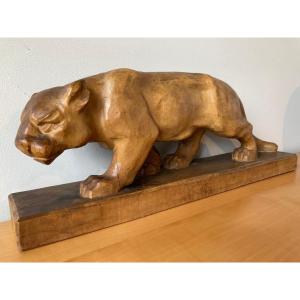 Carved Wooden Panther Art Deco Sculpture