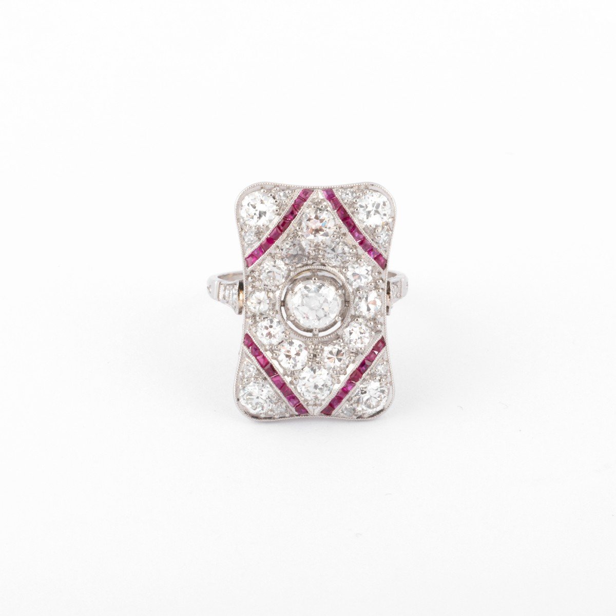 Rectangular Platinum, Diamond And Ruby Ring