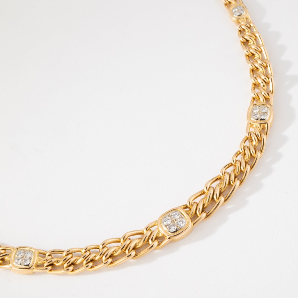 Collier or jaune maille gourmette intercalé de maillon en  diamant-photo-3
