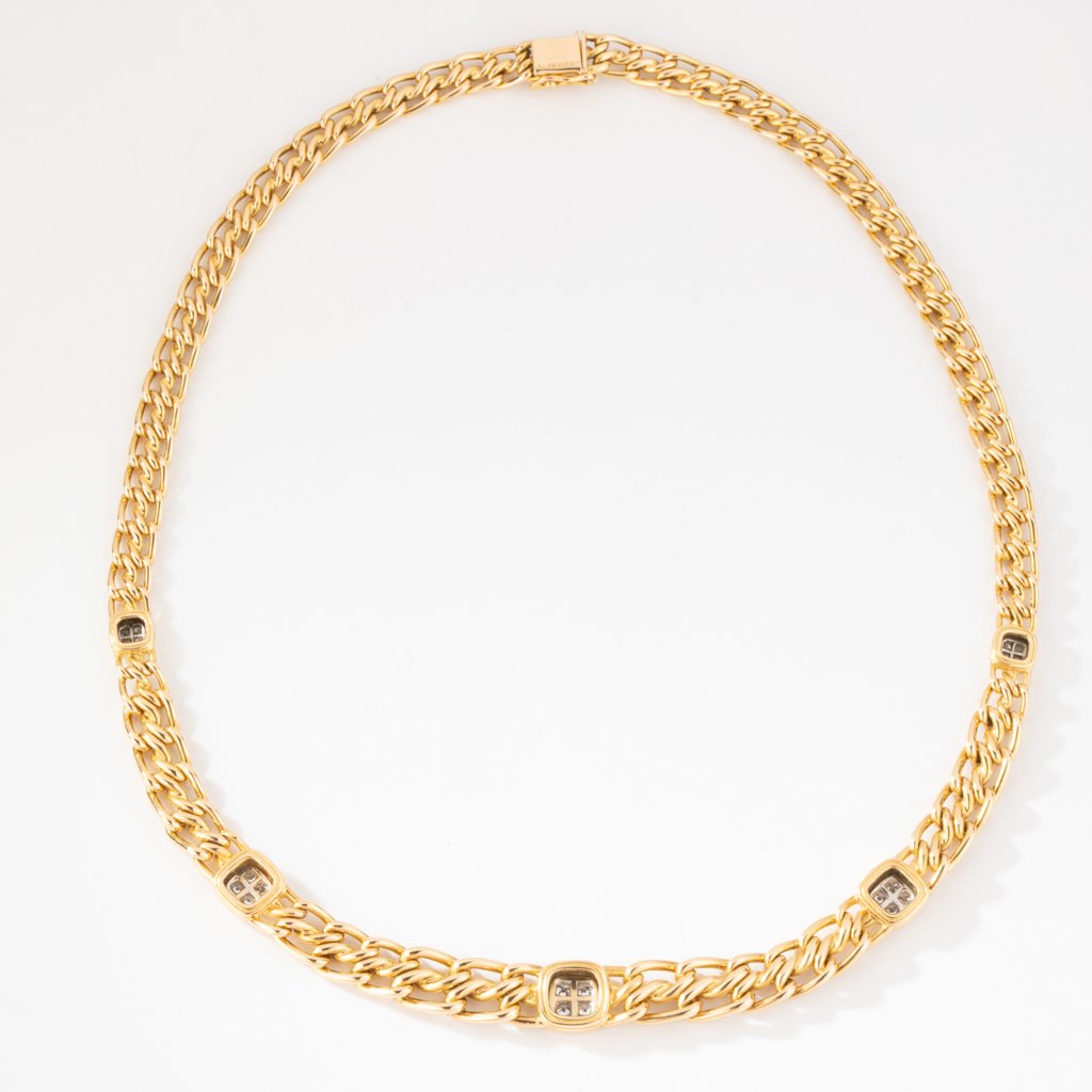 Collier or jaune maille gourmette intercalé de maillon en  diamant-photo-4