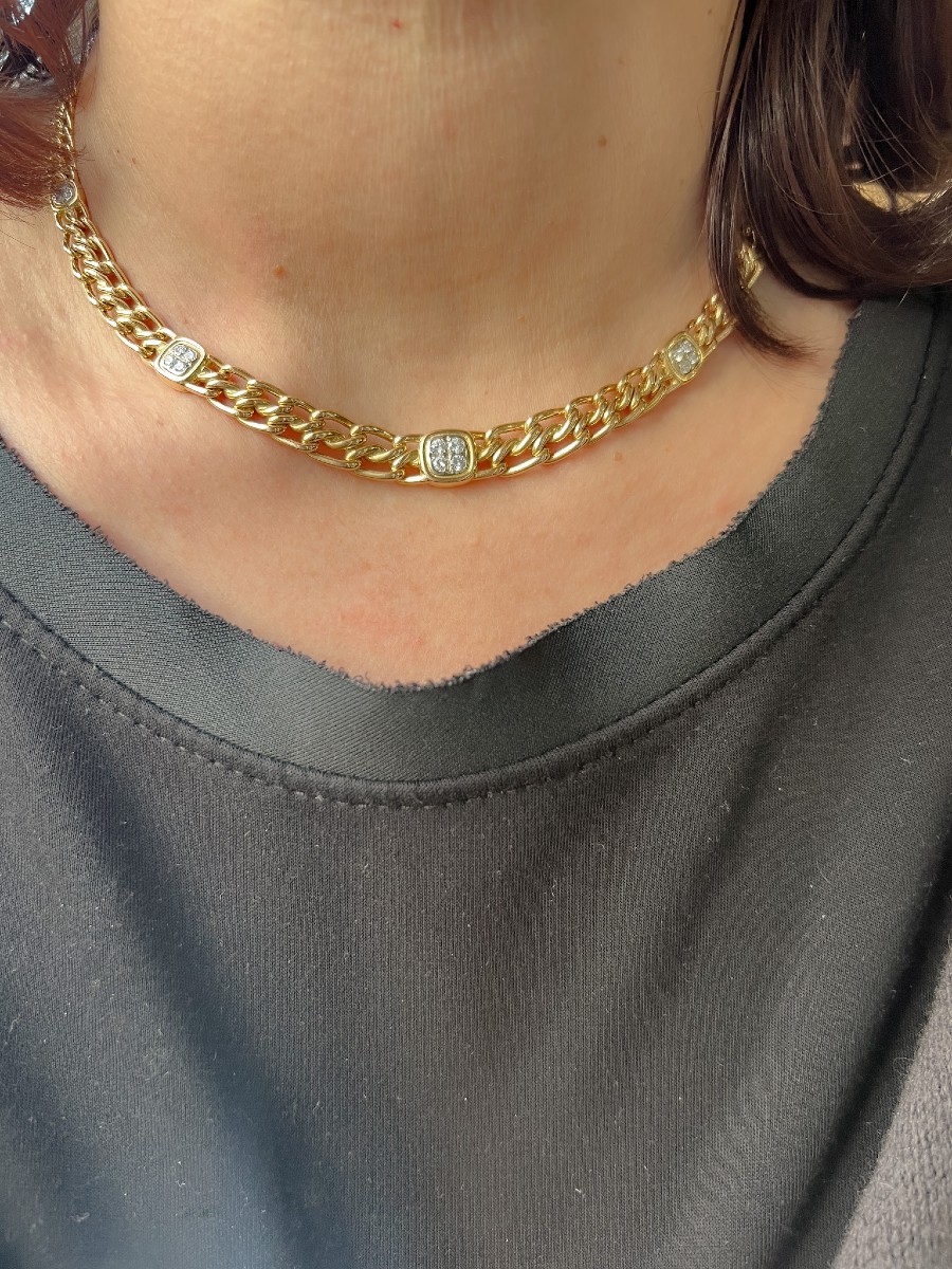 Collier or jaune maille gourmette intercalé de maillon en  diamant-photo-3