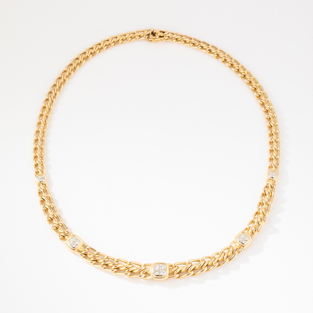 Collier or jaune maille gourmette intercalé de maillon en  diamant