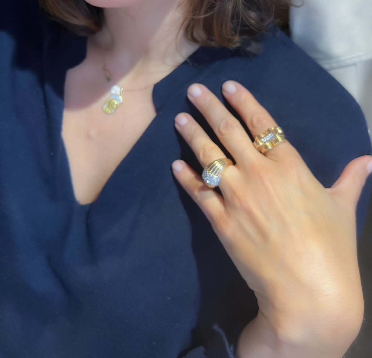 Bague  or jaune et platine godronnée diamant-photo-4