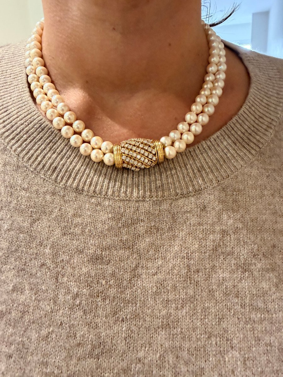 Double collier en perles de culture Akoya orné d'un fermoir or et diamant-photo-4