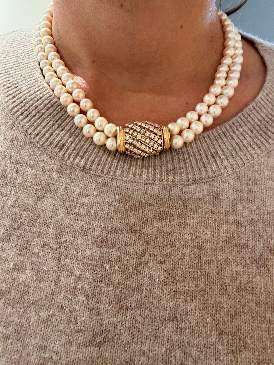 Double collier en perles de culture Akoya orné d'un fermoir or et diamant-photo-5