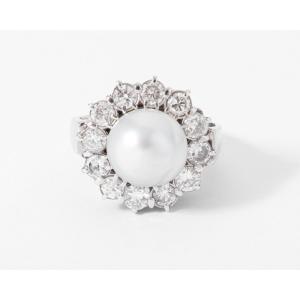 Bague Marguerite En Perle, Entourée Diamants