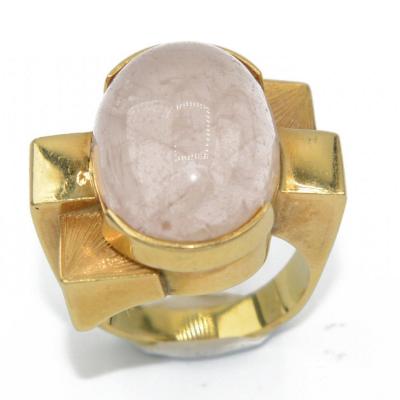 Bague Or Jaune Géométrique Ornée d'Un Quartz Rose