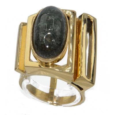 Bague Géométrique Or Jaune Ornée d'Une Agate Mousse