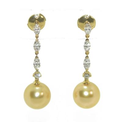 Paire De Boucles d'Oreilles En Or Jaune Diamants Navettes Et Perles Gold Des Mer Du Sud