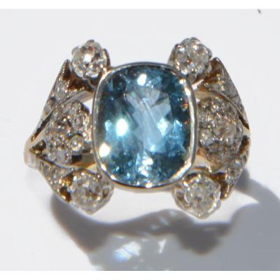 1910 Ring In Gold And Silver Adorned With An Aquamarine