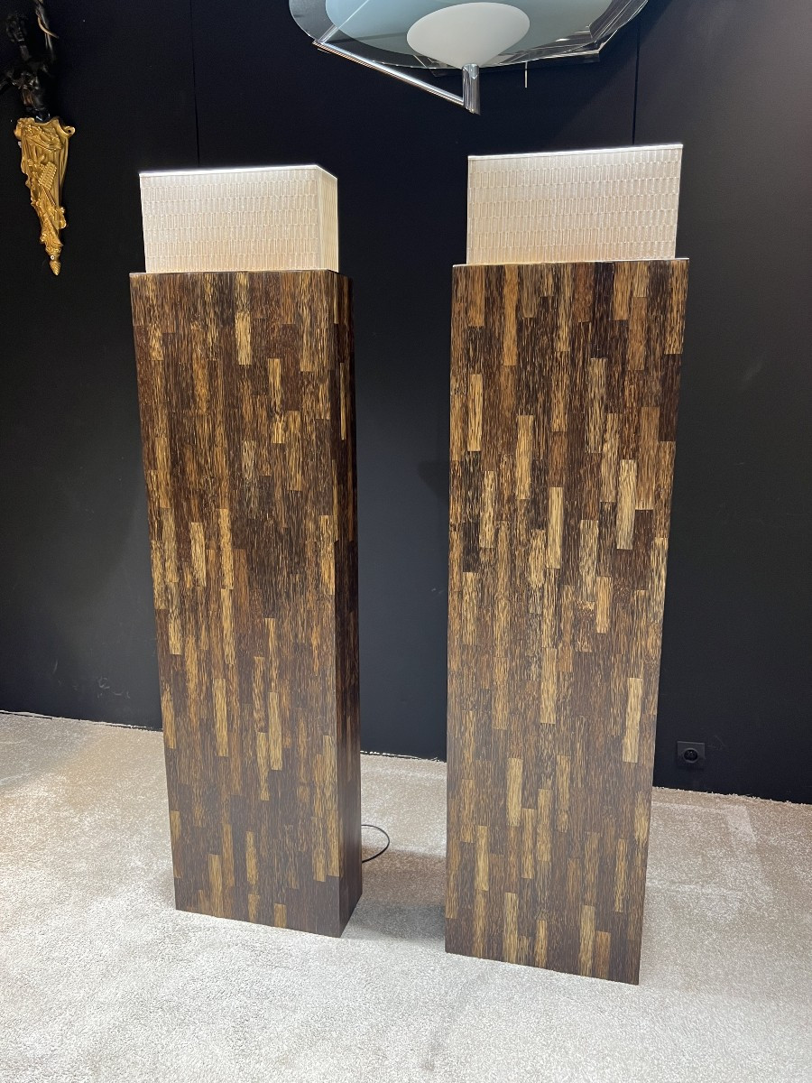 Paire de lampes en bois de palmiers des années 90 Ria et Youri Augousti