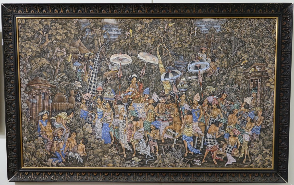 Indenosian Painting. Animated Scene In Bali Signed Wayan Urip