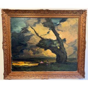 Painting On Panel Representing A Stormy Landscape With 2 Characters Under A Tree.