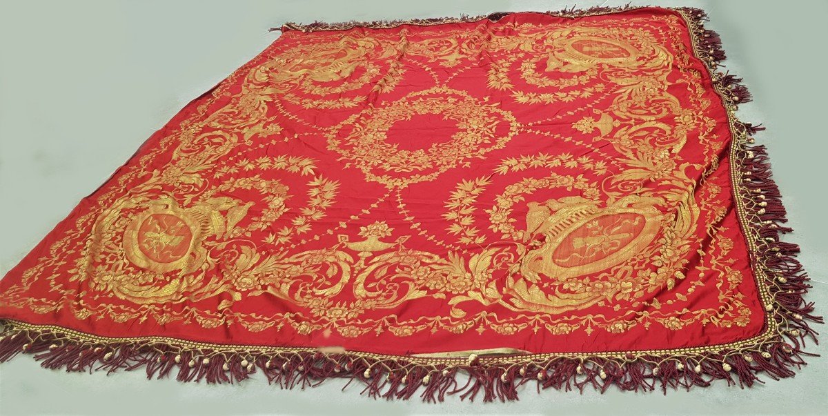 Antique Damask Italian  Bedspread From San Leucio, Red And Gold 200x240 Cm-photo-2