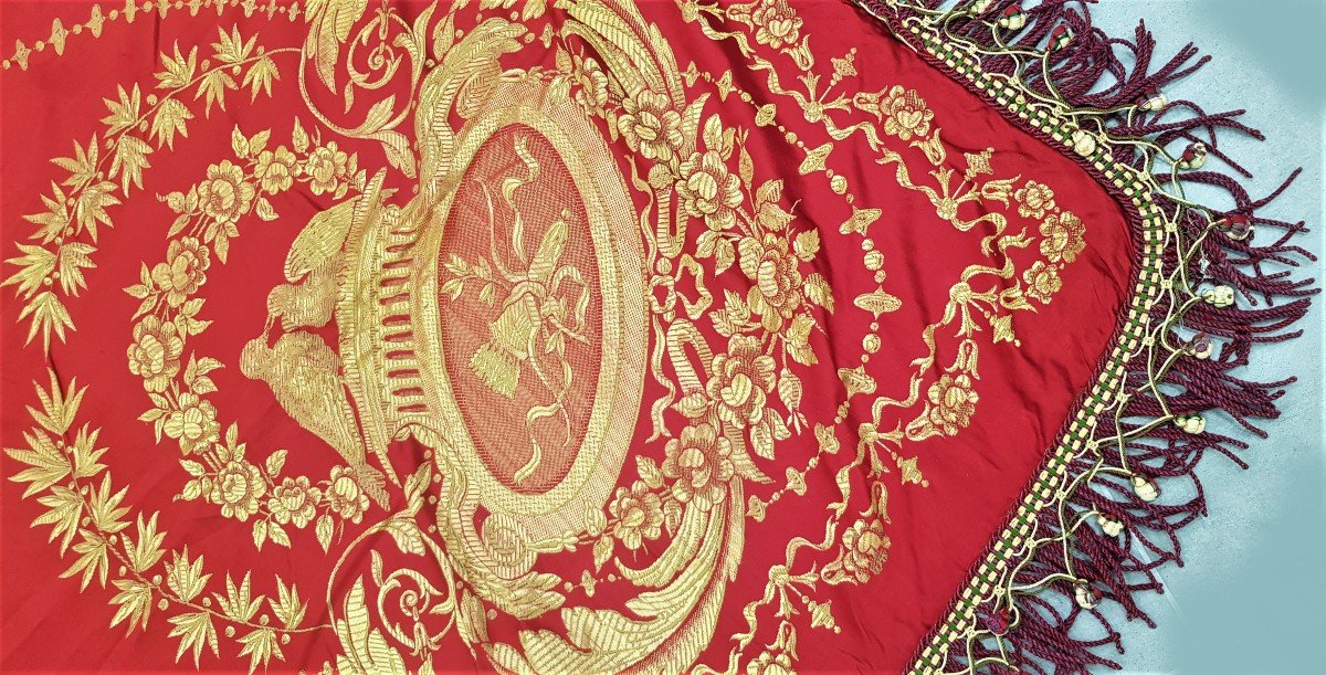 Antique Damask Italian  Bedspread From San Leucio, Red And Gold 200x240 Cm-photo-4
