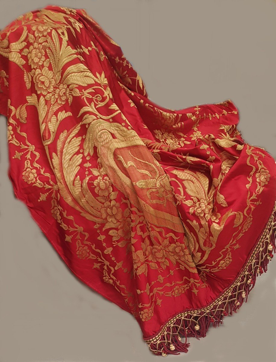 Antique Damask Italian  Bedspread From San Leucio, Red And Gold 200x240 Cm