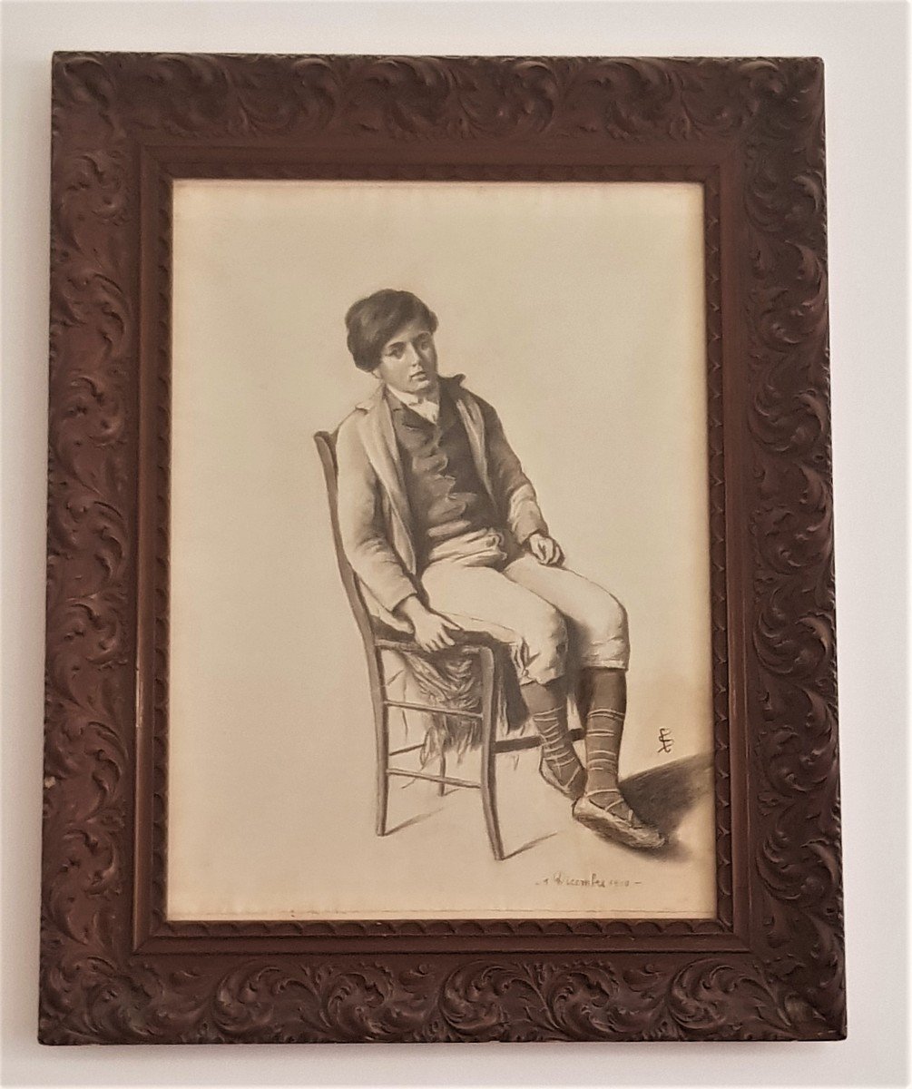 Dessin Su Papier Daté 1910 Portrait d'Enfant Assis Cm 67x85 