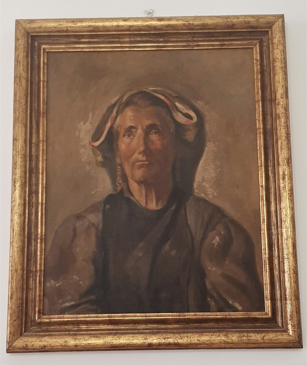 Oil On Canvas Portrait Of Old Roman Peasant Woman