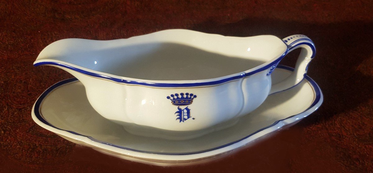 XIX S Kpm Porcelain Sauceboat With Crown And Gothic Monogram P Hand Painted-photo-2