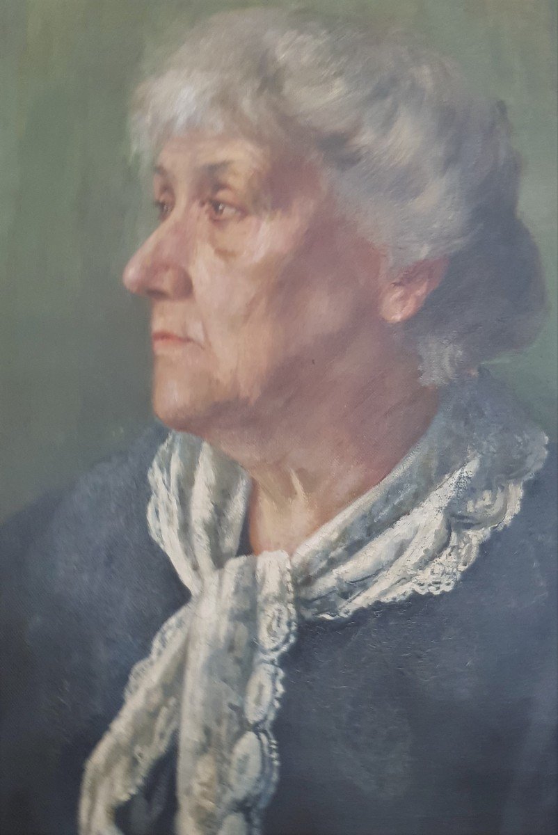 Huile Sur Toile Portrait d'Une Femme âgée De Profil -photo-2