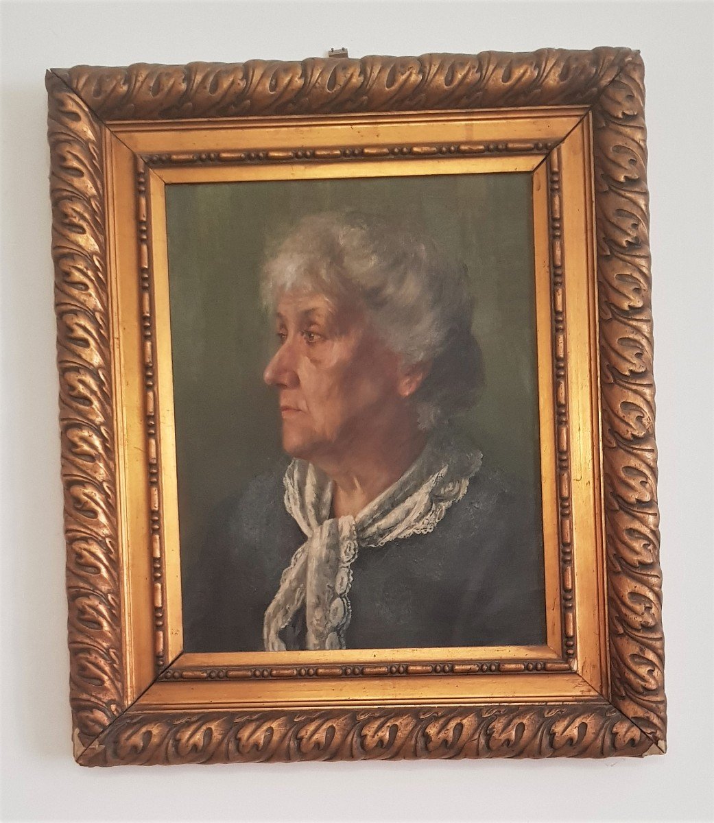 Huile Sur Toile Portrait d'Une Femme âgée De Profil 
