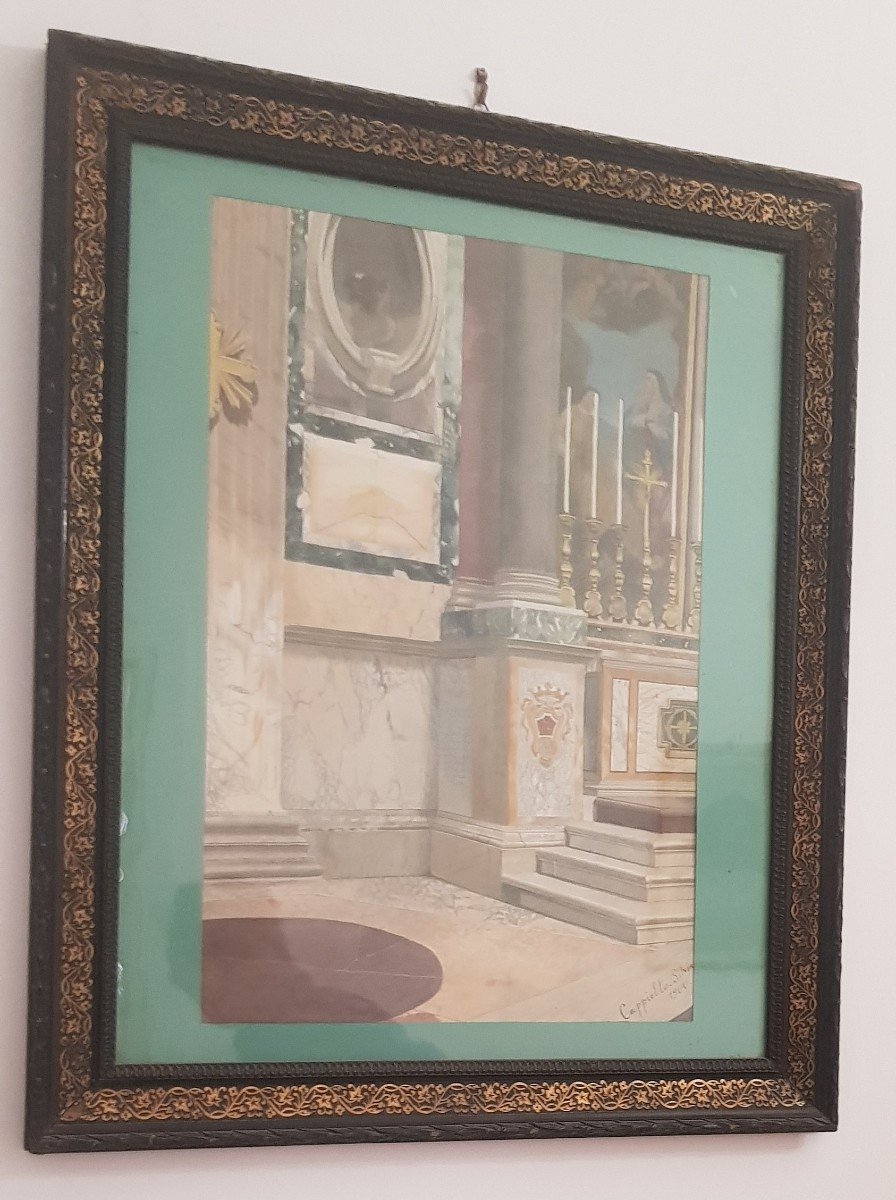 Interior Of A Roman Church Watercolor On Paper Signed And Dated 1900 Cm 58 X70-photo-2