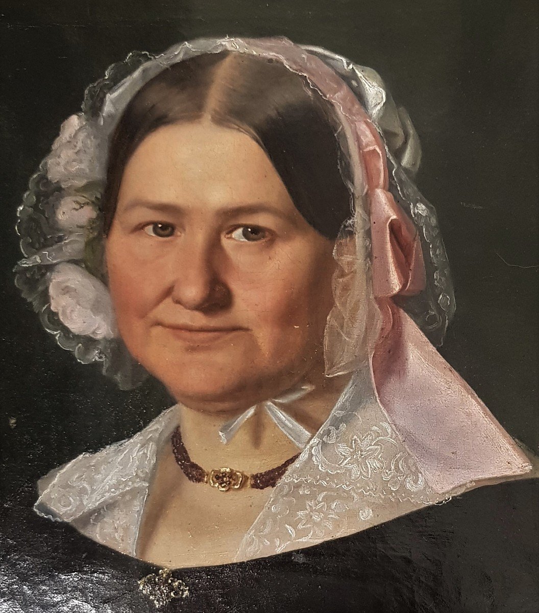 Portrait Of Bourgeois Woman Oil On Canvas XIX S 51x56 Cm With Frame-photo-3