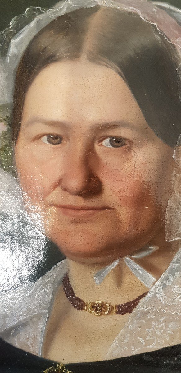 Portrait Of Bourgeois Woman Oil On Canvas XIX S 51x56 Cm With Frame-photo-2