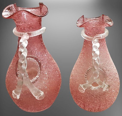 Pair Of Jugs Decanters Jugs With Ice Reserve Early XXs Frosted Pink Blown Glass H 26.5 And 30 C-photo-3