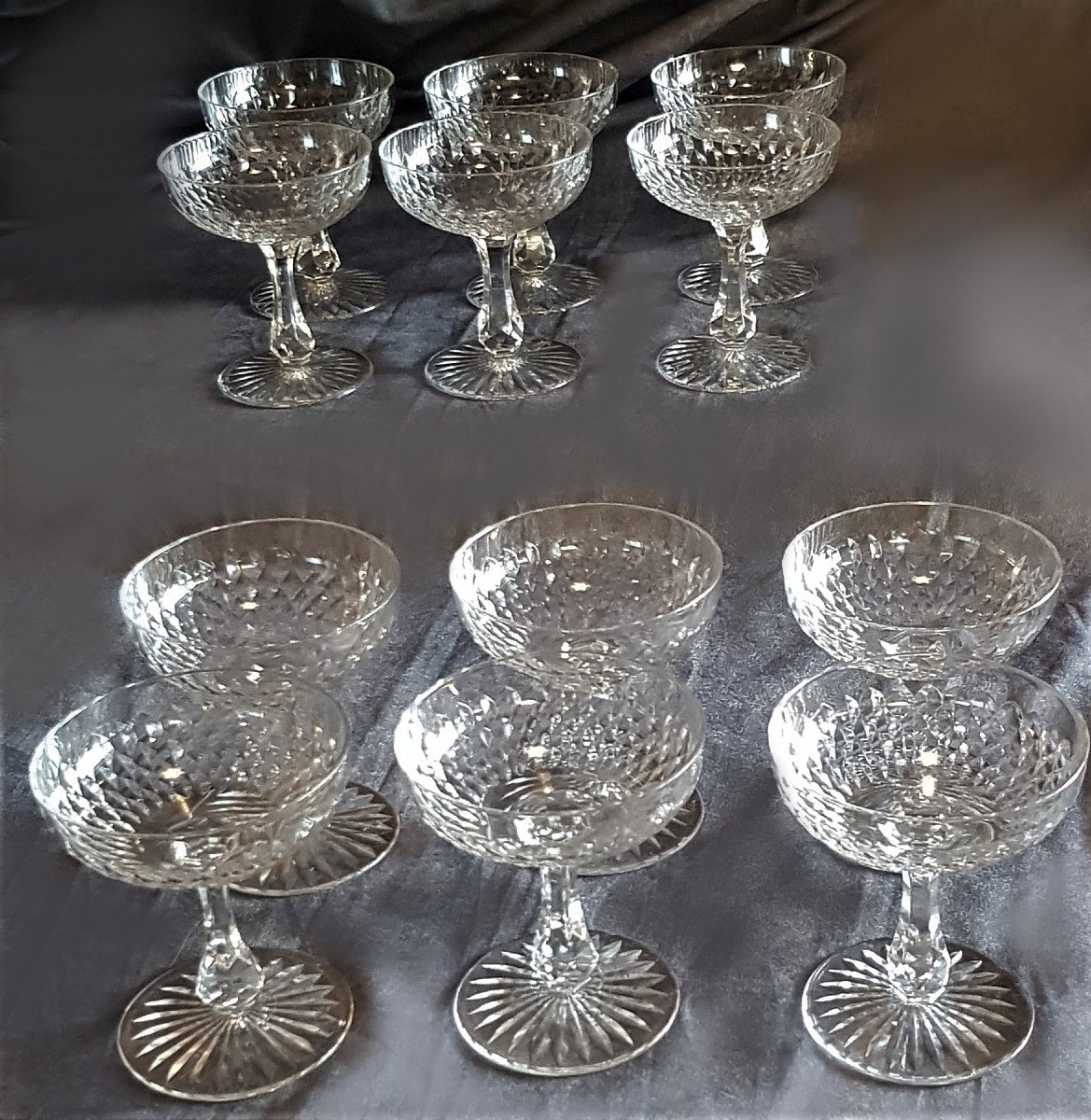 Set Of 12 Old Baccarat Crystal Champagne Cups Beveled Scales Model-photo-2