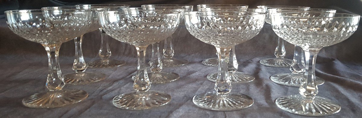 Set Of 12 Old Baccarat Crystal Champagne Cups Beveled Scales Model