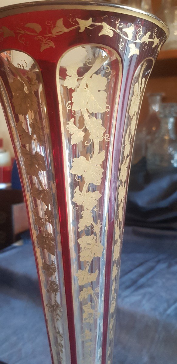 Pair Of Large Antique Bohemian Crystal Napoleon III Cone Vases With Red And Gold Decor H 44 Cm-photo-3