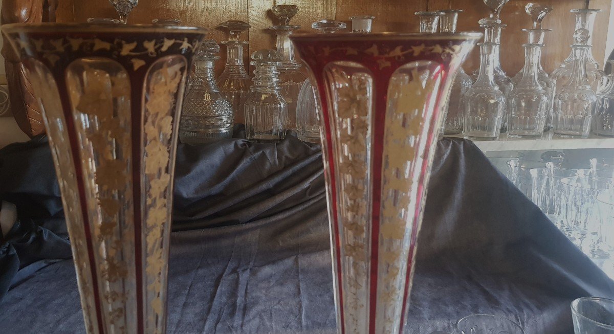 Paire De Grands Vases Cornets Anciens Cristal Bohème  Napoléon III Decor Rouge Et Or H 44 Cm-photo-1