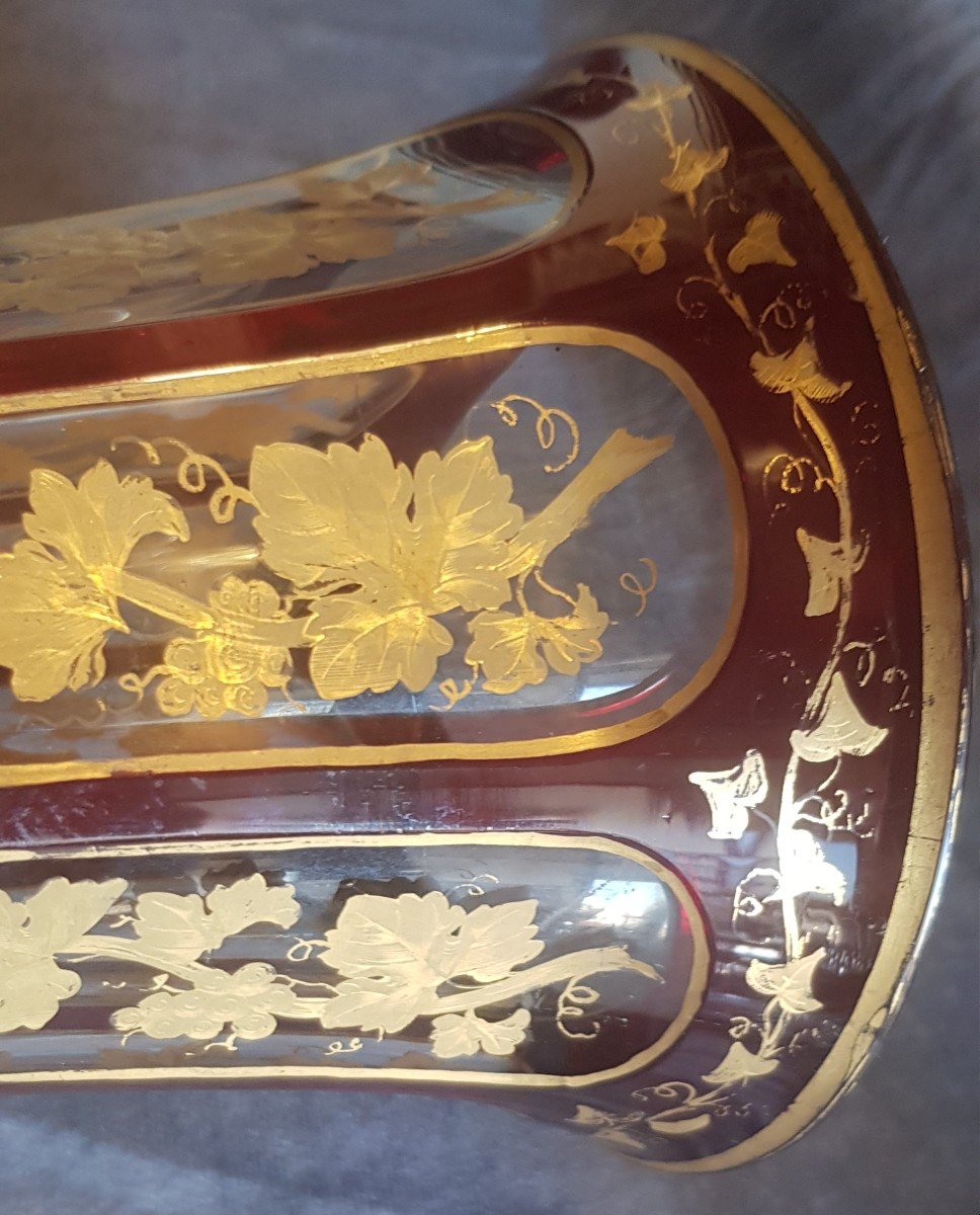 Paire De Grands Vases Cornets Anciens Cristal Bohème  Napoléon III Decor Rouge Et Or H 44 Cm-photo-4