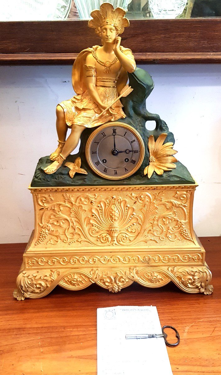  Pendule Emprie  En Bronze Doré Au Mercure l' Amérique Dans Le Gout De Deverberie