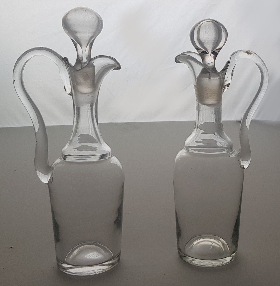 Two Old Flask Cruets For Oil And Vinegar In Blown Glass 