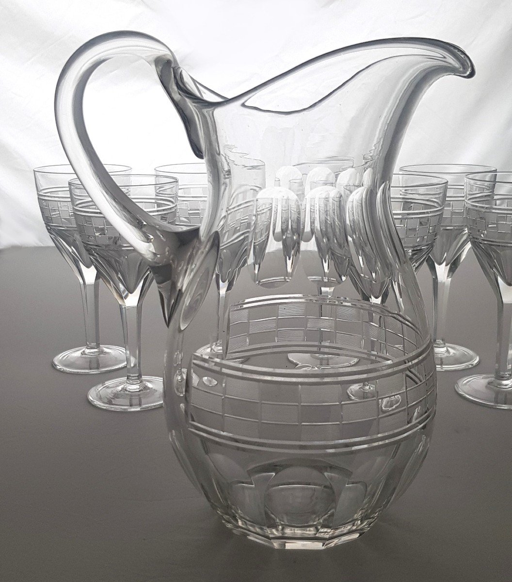 Pitcher E 8 Water Glasses Old Cut Crystal 