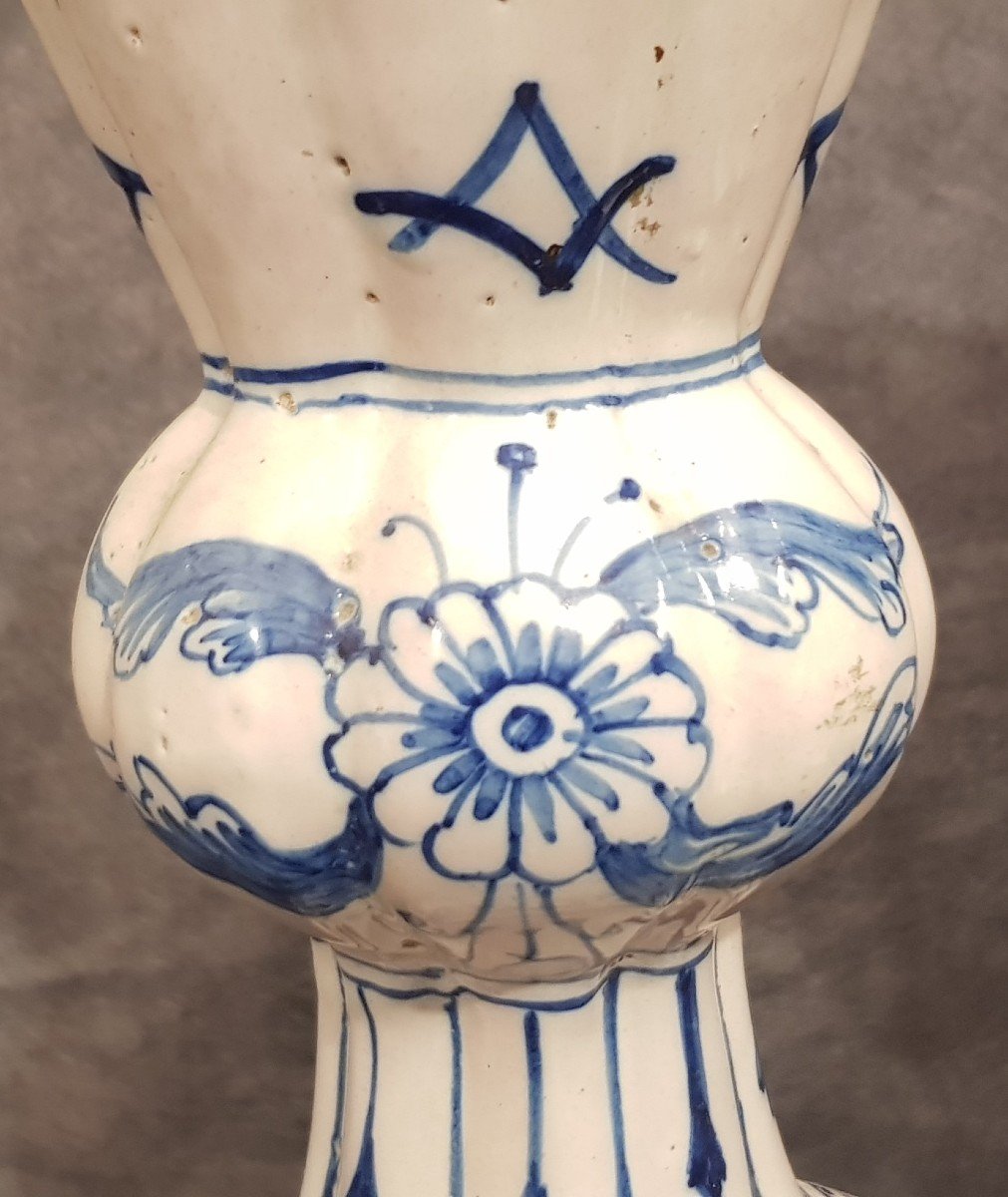 Antique Knobble Ceramic Vase Hand Painted In Netherlands Delft Blue-photo-2