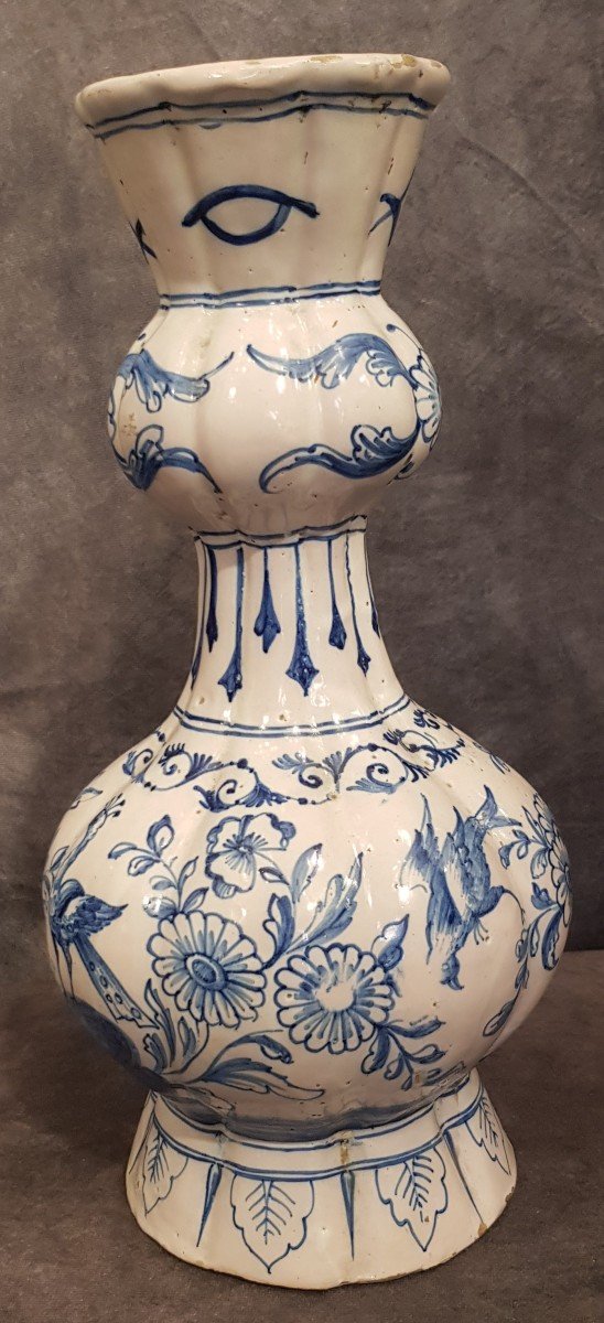 Antique Knobble Ceramic Vase Hand Painted In Netherlands Delft Blue-photo-1